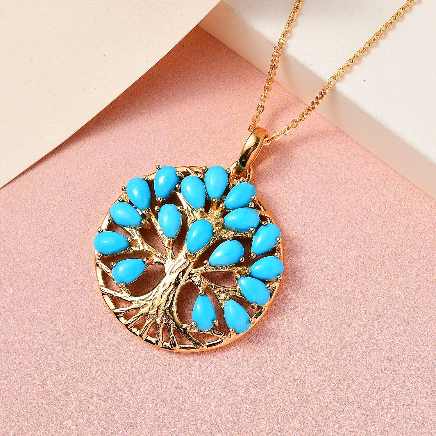 Arizona Sleeping Beauty Turquoise Tree of Life Pendant with Chain (Size 20) in 18K Vermeil Yellow Gold Plated Sterling Silver 4.09 Ct, Silver Wt. 5.56 Gms