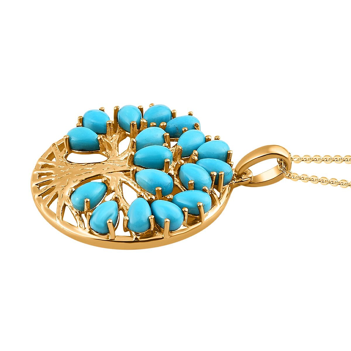 Arizona Sleeping Beauty Turquoise Tree of Life Pendant with Chain (Size 20) in 18K Vermeil Yellow Gold Plated Sterling Silver 4.09 Ct, Silver Wt. 5.56 Gms