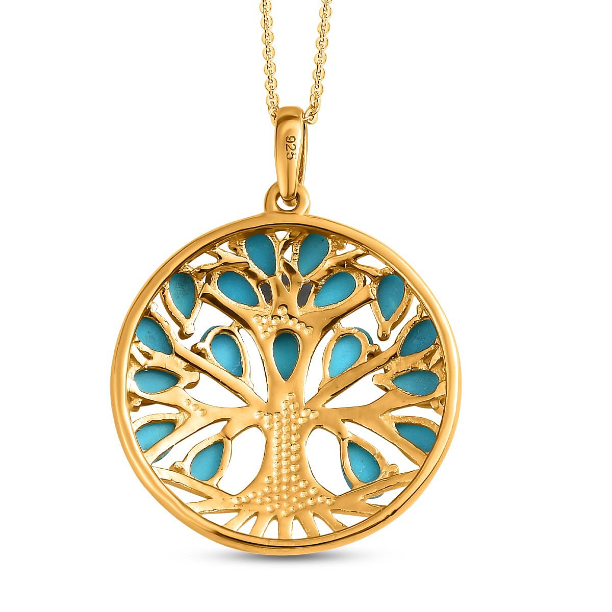 Arizona Sleeping Beauty Turquoise Tree of Life Pendant with Chain (Size 20) in 18K Vermeil Yellow Gold Plated Sterling Silver 4.09 Ct, Silver Wt. 5.56 Gms