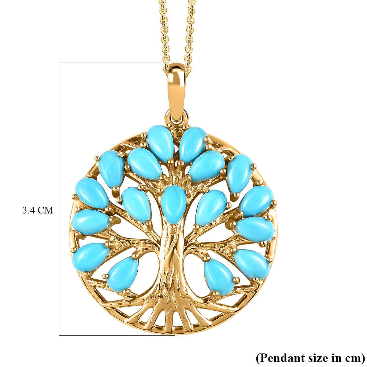Arizona Sleeping Beauty Turquoise Tree of Life Pendant with Chain (Size 20) in 18K Vermeil Yellow Gold Plated Sterling Silver 4.09 Ct, Silver Wt. 5.56 Gms