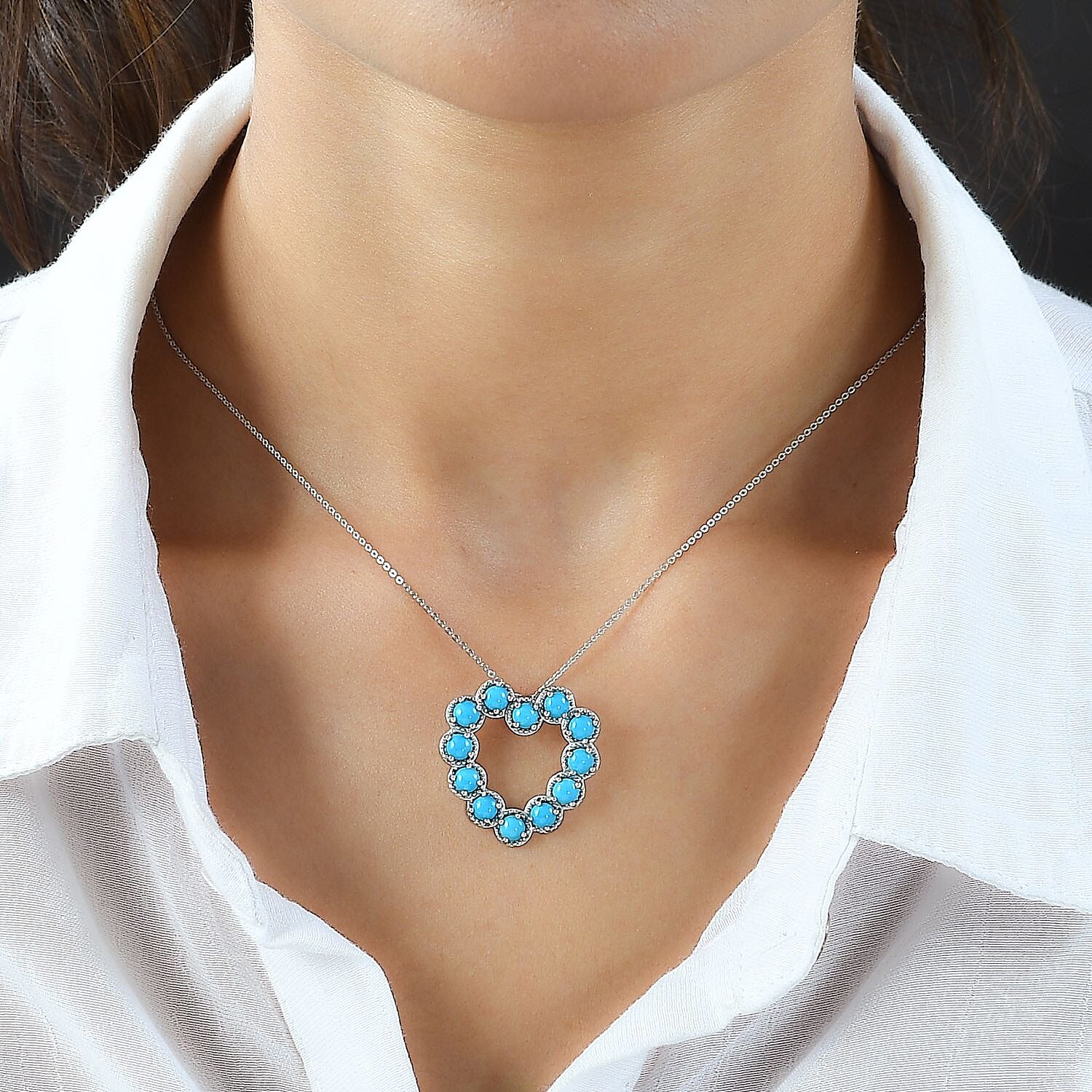 Arizona Sleeping Beauty Turquoise Heart Pendant with Chain (Size 20) in Platinum Overlay Sterling Silver 3.48 Ct, Silver Wt 6.36 GM