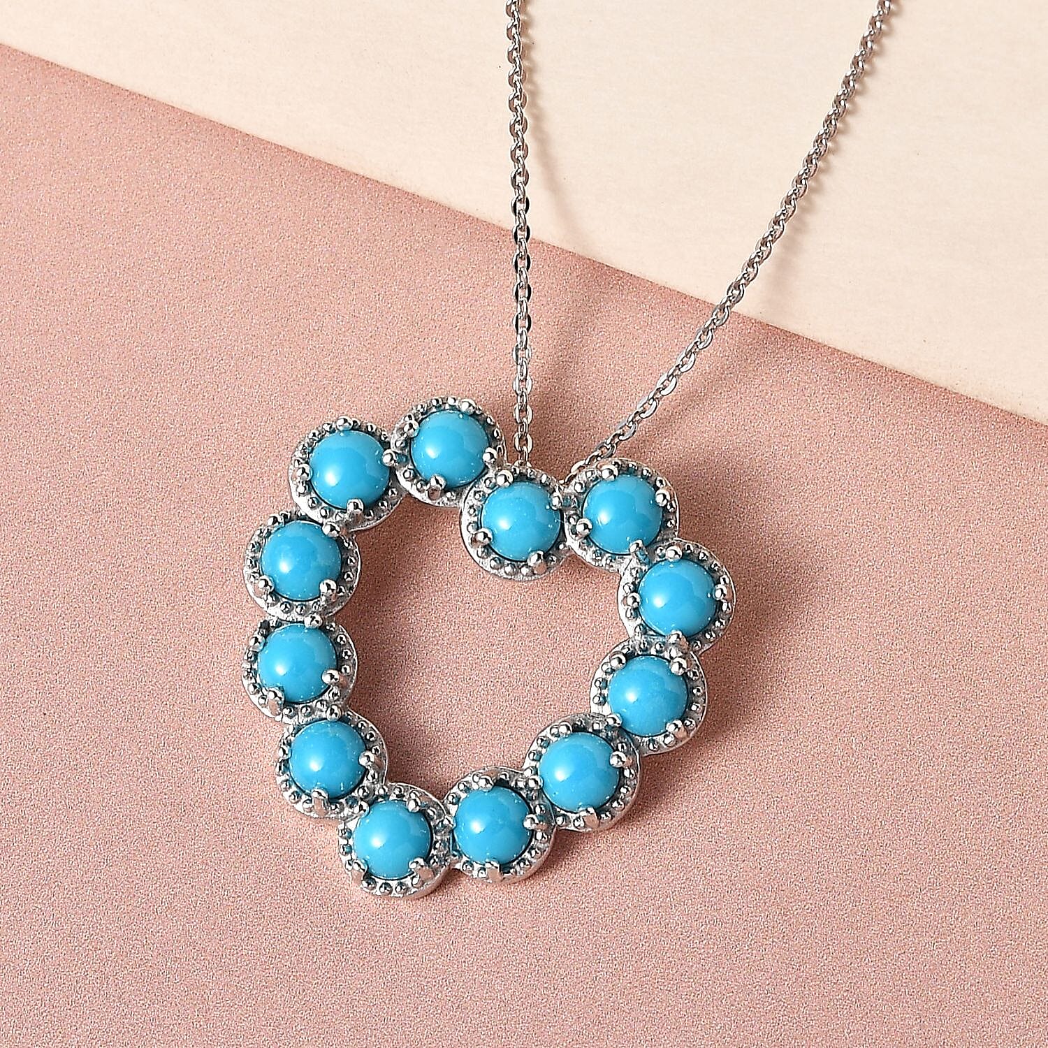 Arizona Sleeping Beauty Turquoise Heart Pendant with Chain (Size 20) in Platinum Overlay Sterling Silver 3.48 Ct, Silver Wt 6.36 GM