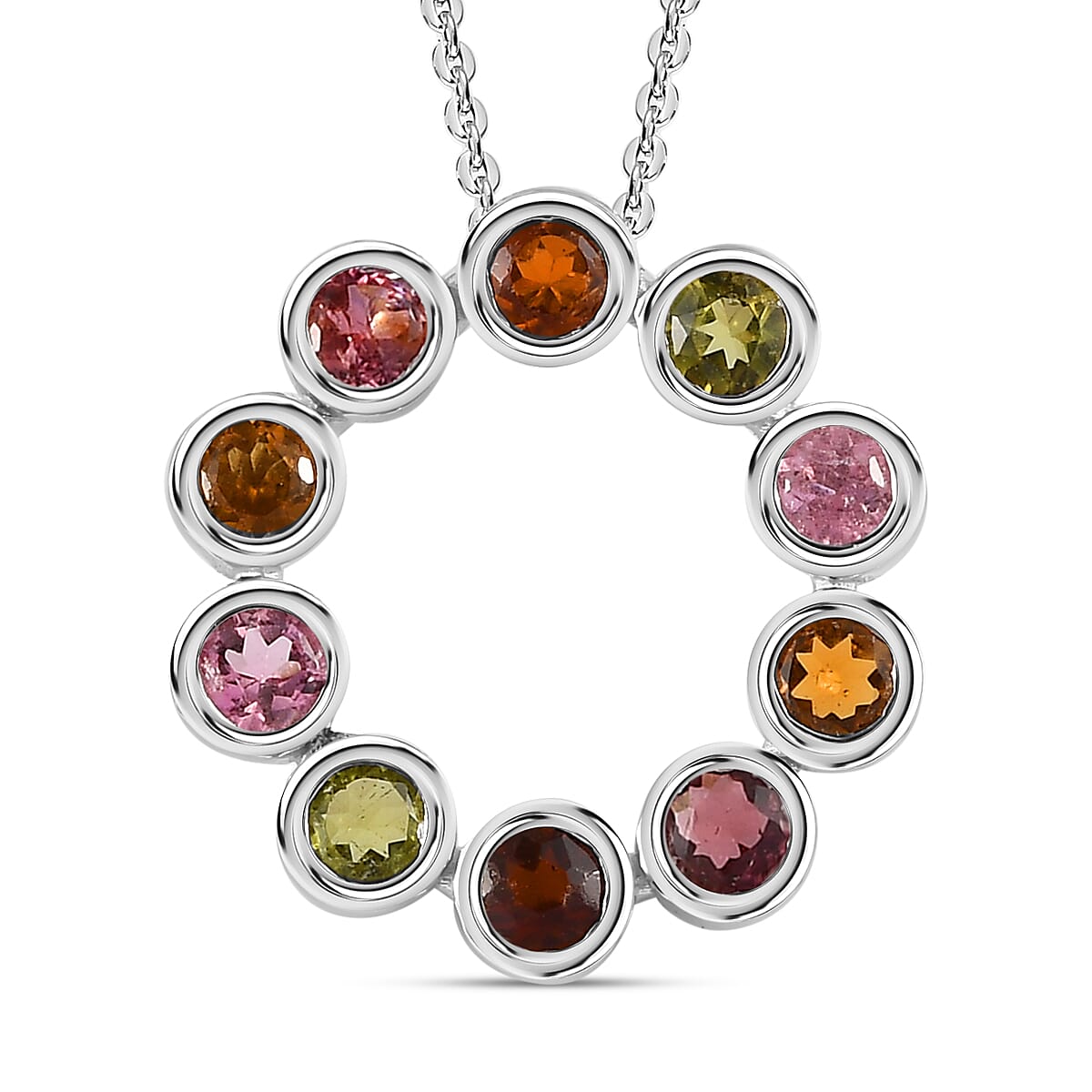 Multi-Tourmaline Circle Pendant with Chain (Size 20) in Platinum Overlay Sterling Silver