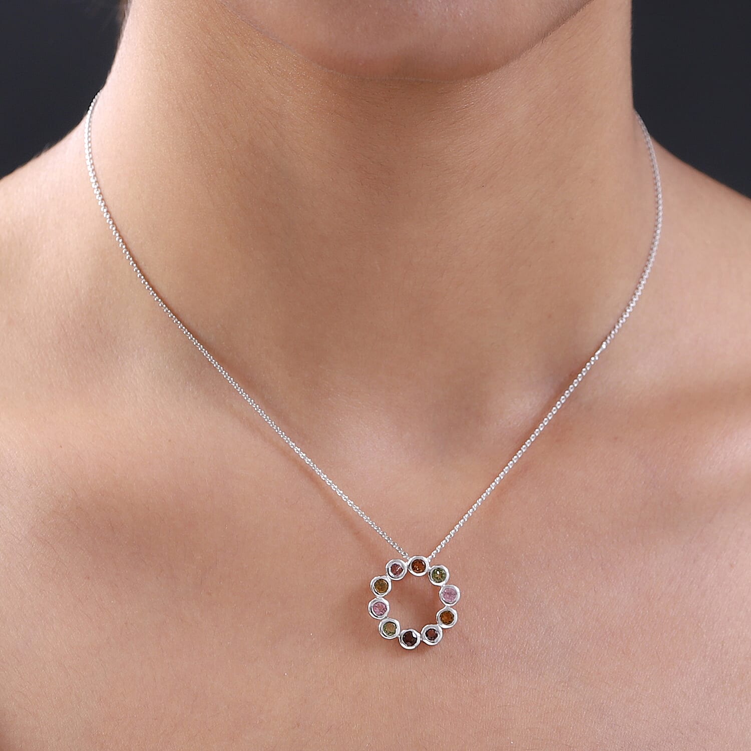 Multi-Tourmaline Circle Pendant with Chain (Size 20) in Platinum Overlay Sterling Silver