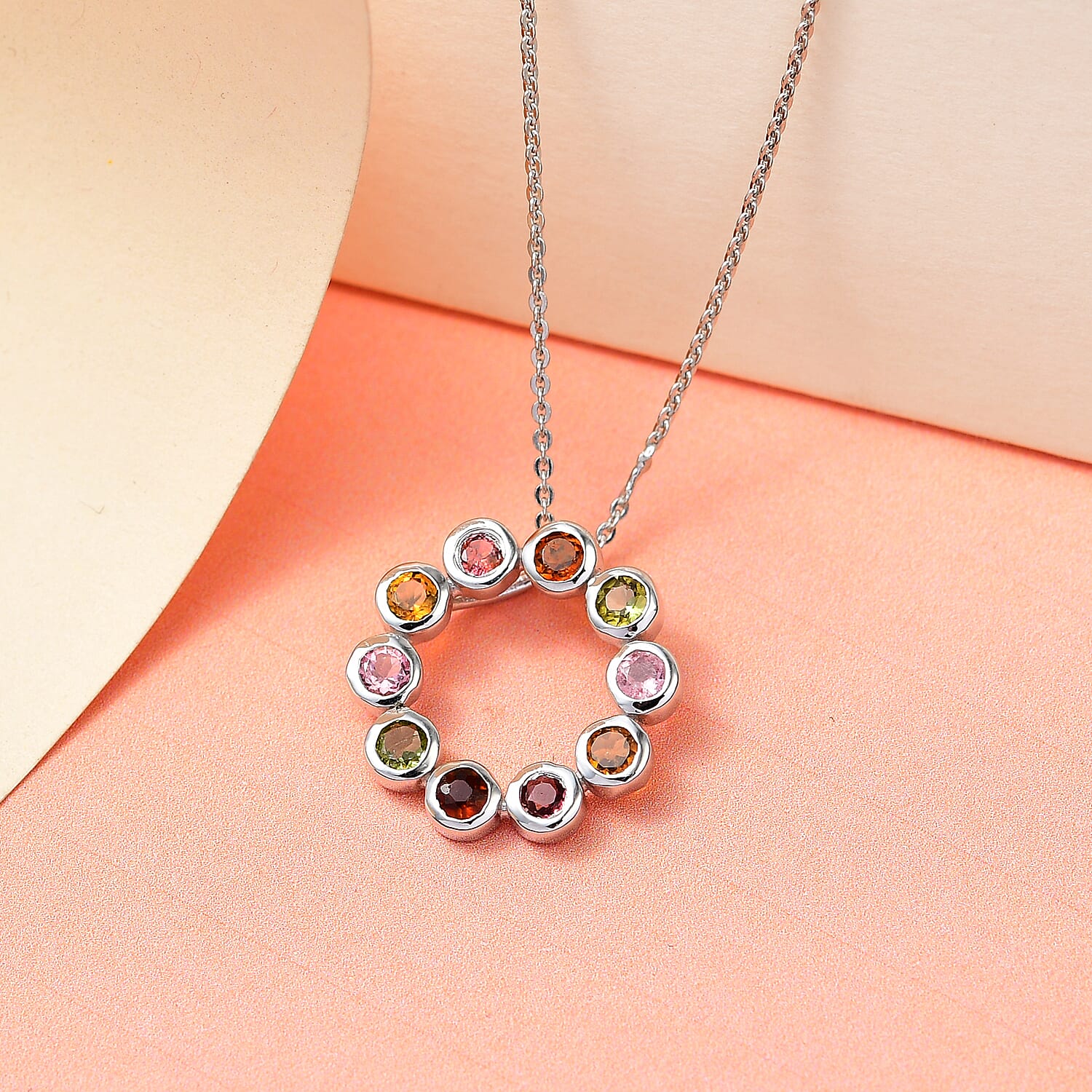Multi-Tourmaline Circle Pendant with Chain (Size 20) in Platinum Overlay Sterling Silver