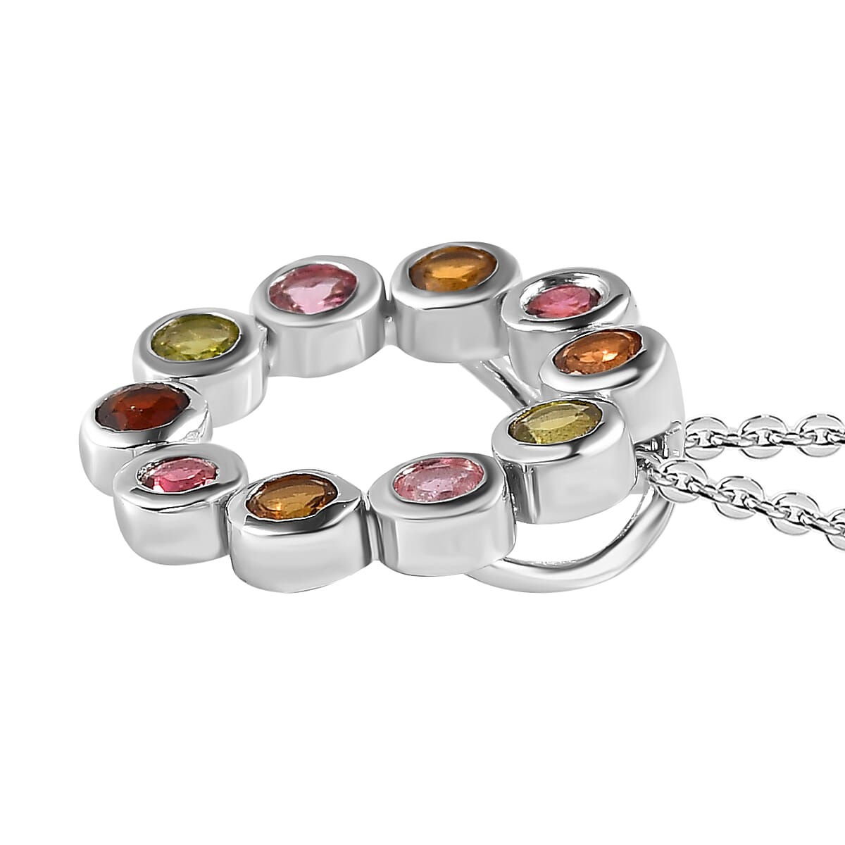 Multi-Tourmaline Circle Pendant with Chain (Size 20) in Platinum Overlay Sterling Silver