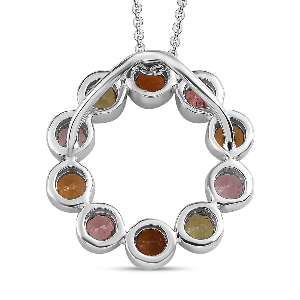 Multi-Tourmaline Circle Pendant with Chain (Size 20) in Platinum Overlay Sterling Silver