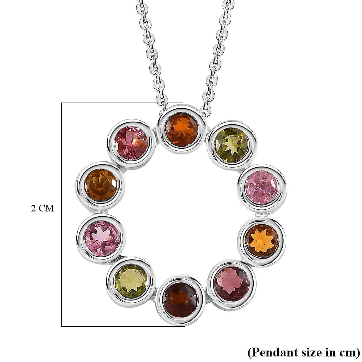 Multi-Tourmaline Circle Pendant with Chain (Size 20) in Platinum Overlay Sterling Silver