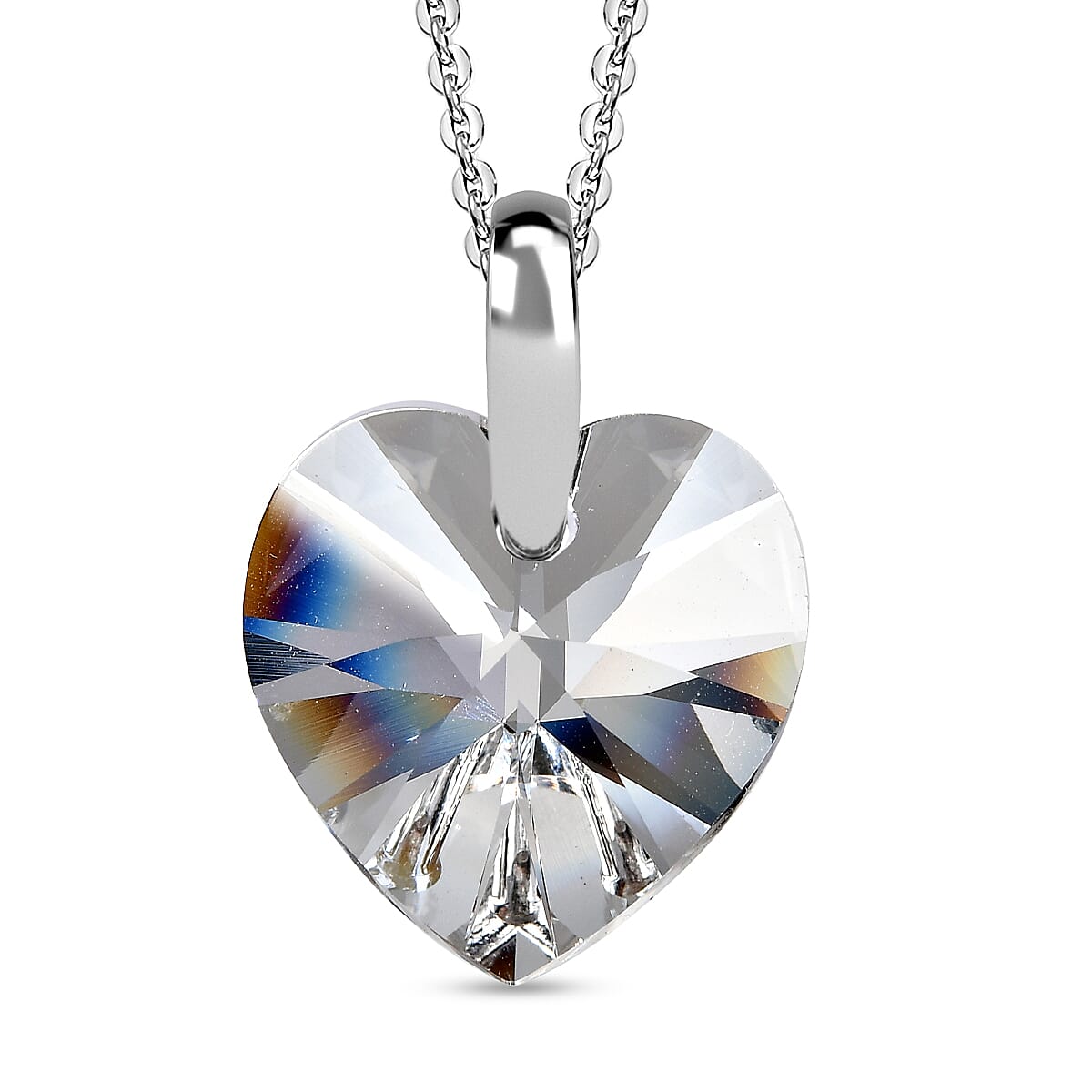 White Austrian Crystal Heart Pendant with Chain (Size - 20) in Platinum Overlay Sterling Silver