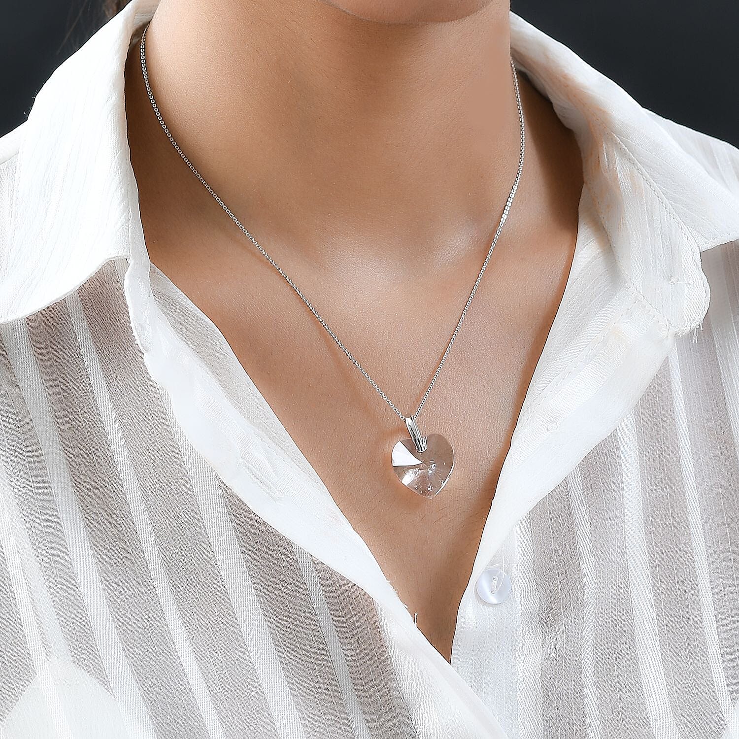 White Austrian Crystal Heart Pendant with Chain (Size - 20) in Platinum Overlay Sterling Silver