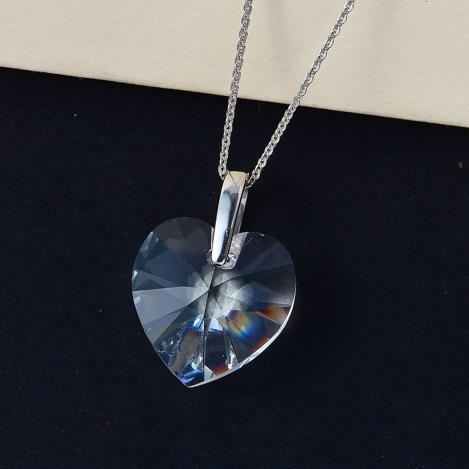 White Austrian Crystal Heart Pendant with Chain (Size - 20) in Platinum Overlay Sterling Silver