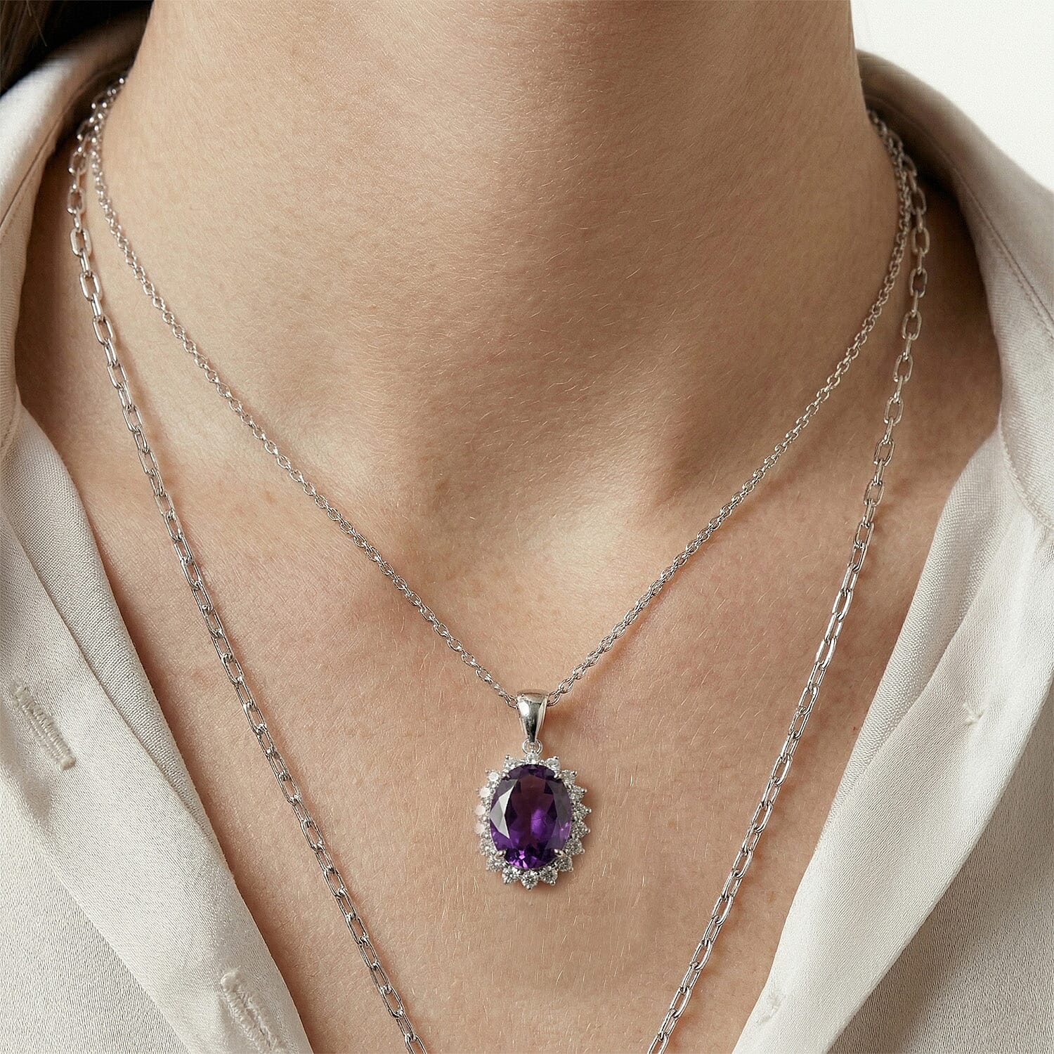 Amethyst and Natural Zircon Halo Pendant with Chain (Size 20) in Platinum Overlay Sterling Silver 1.00 Ct.