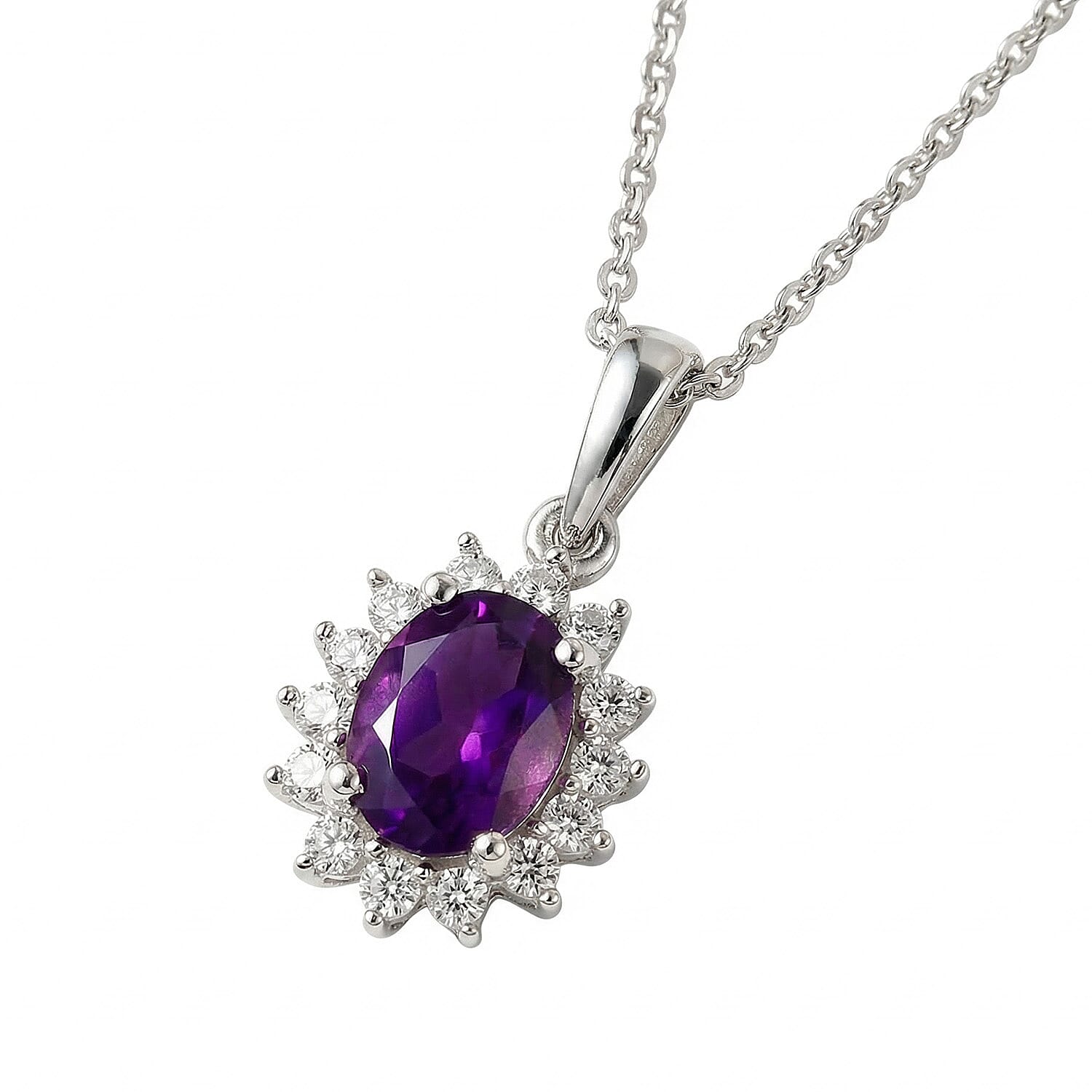 Amethyst and Natural Zircon Halo Pendant with Chain (Size 20) in Platinum Overlay Sterling Silver 1.00 Ct.
