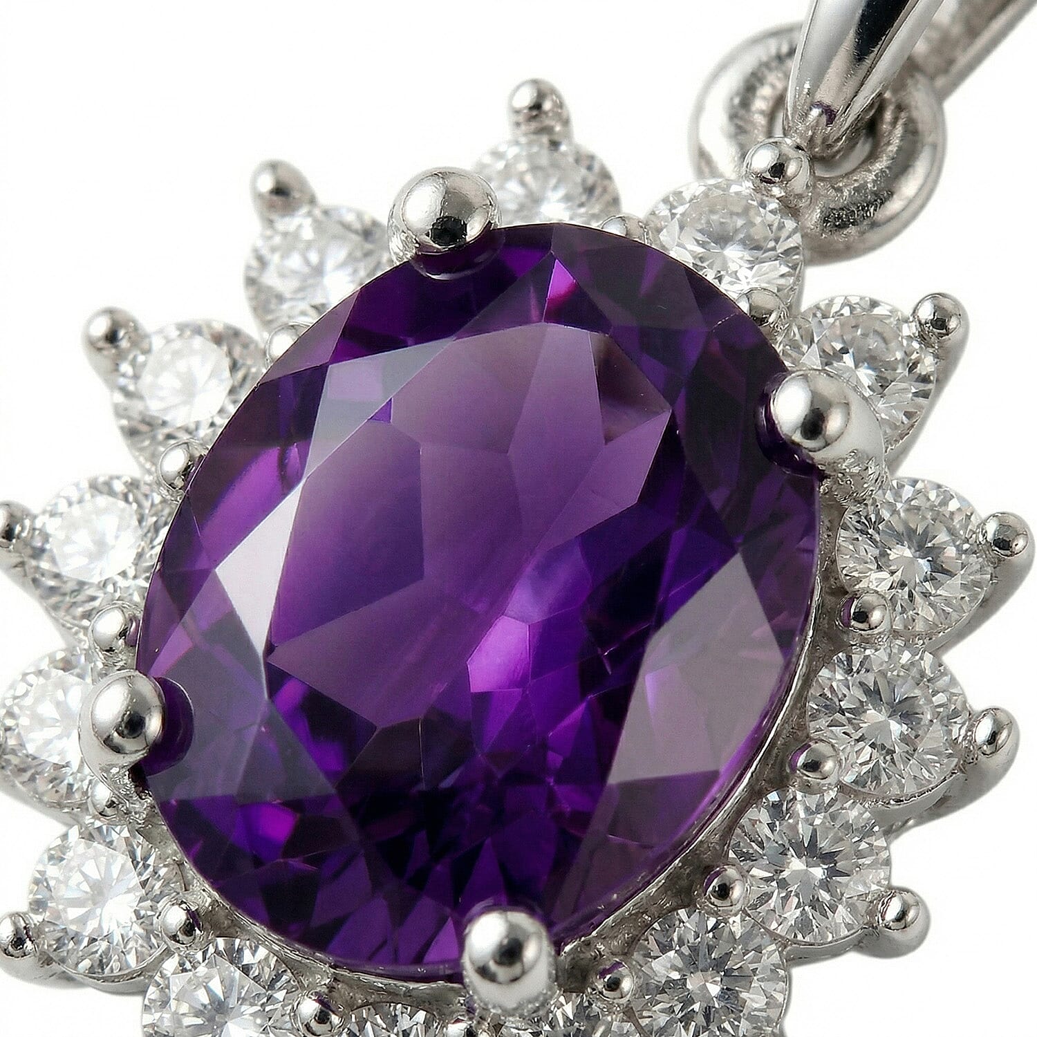 Amethyst and Natural Zircon Halo Pendant with Chain (Size 20) in Platinum Overlay Sterling Silver 1.00 Ct.