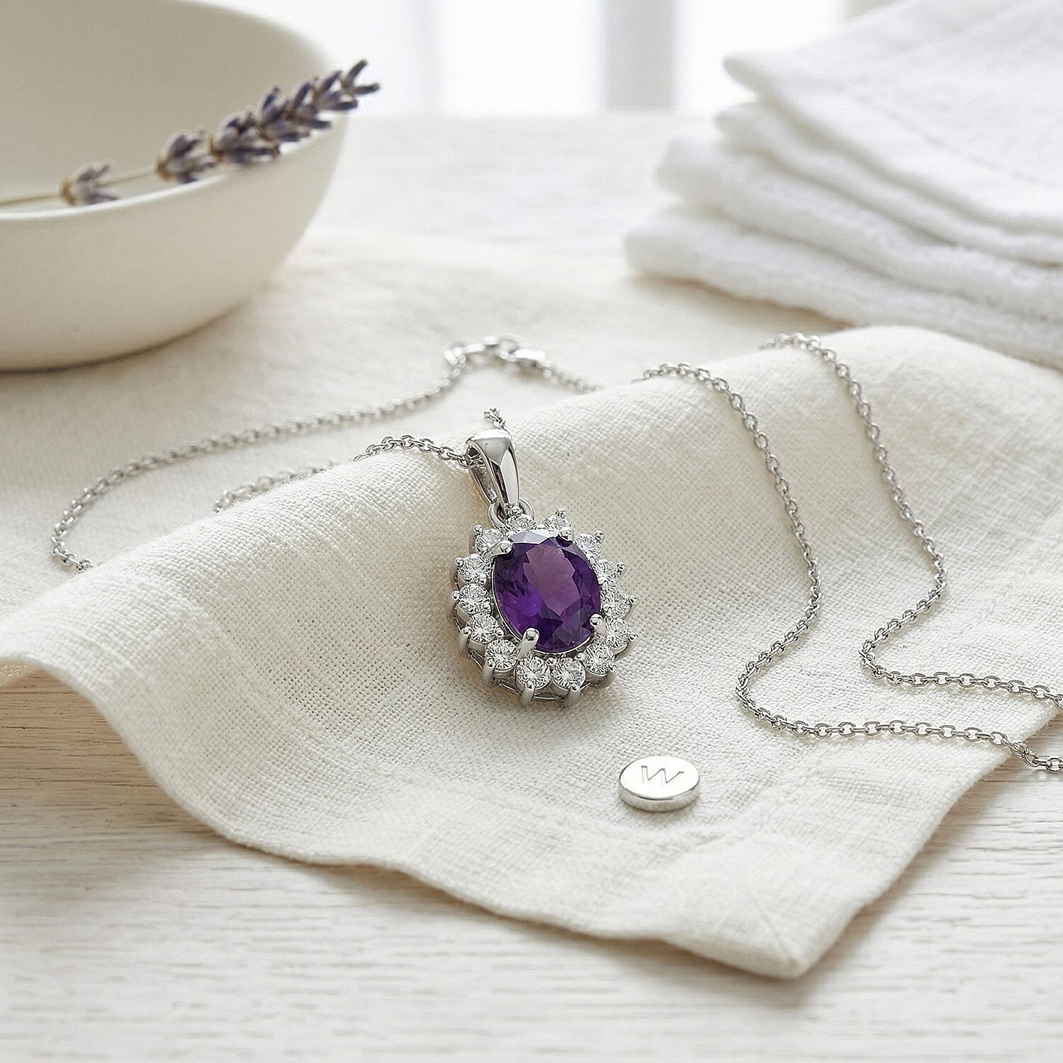 Amethyst and Natural Zircon Halo Pendant with Chain (Size 20) in Platinum Overlay Sterling Silver 1.00 Ct.