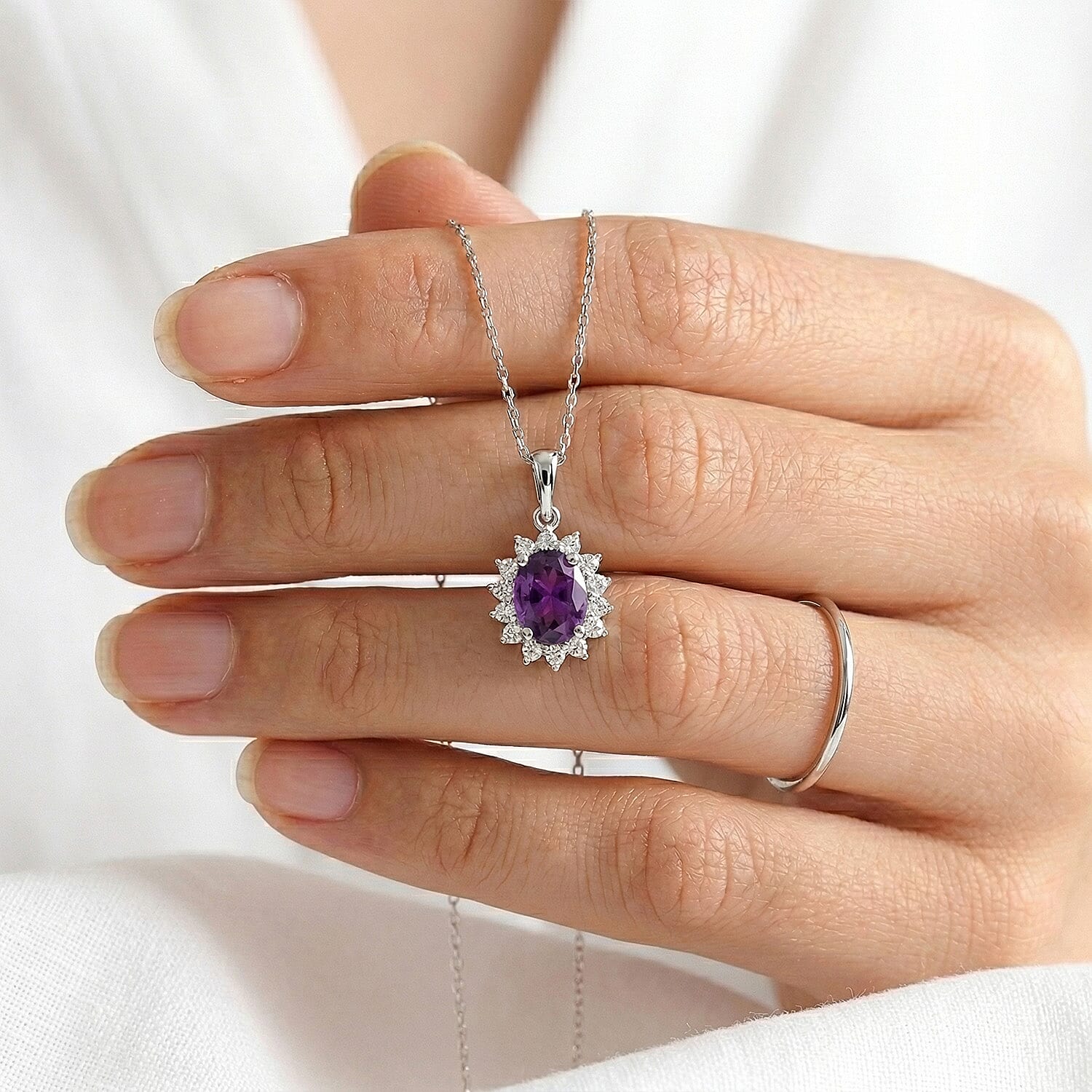 Amethyst and Natural Zircon Halo Pendant with Chain (Size 20) in Platinum Overlay Sterling Silver 1.00 Ct.