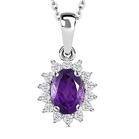 Amethyst and Natural Zircon Halo Pendant with Chain (Size 20) in Platinum Overlay Sterling Silver 1.00 Ct.