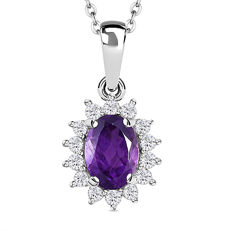 Amethyst and Natural Zircon Halo Pendant with Chain (Size 20) in Platinum Overlay Sterling Silver 1.00 Ct.