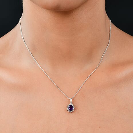 Amethyst and Natural Zircon Halo Pendant with Chain (Size 20) in Platinum Overlay Sterling Silver 1.00 Ct.