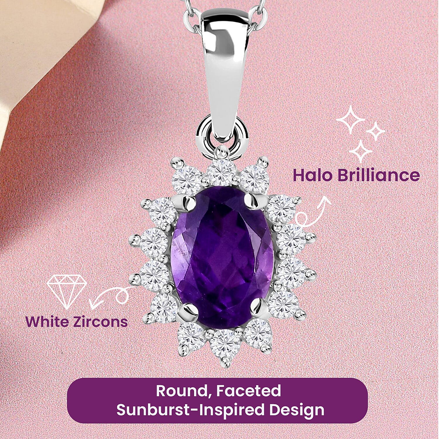 Amethyst and Natural Zircon Halo Pendant with Chain (Size 20) in Platinum Overlay Sterling Silver 1.00 Ct.