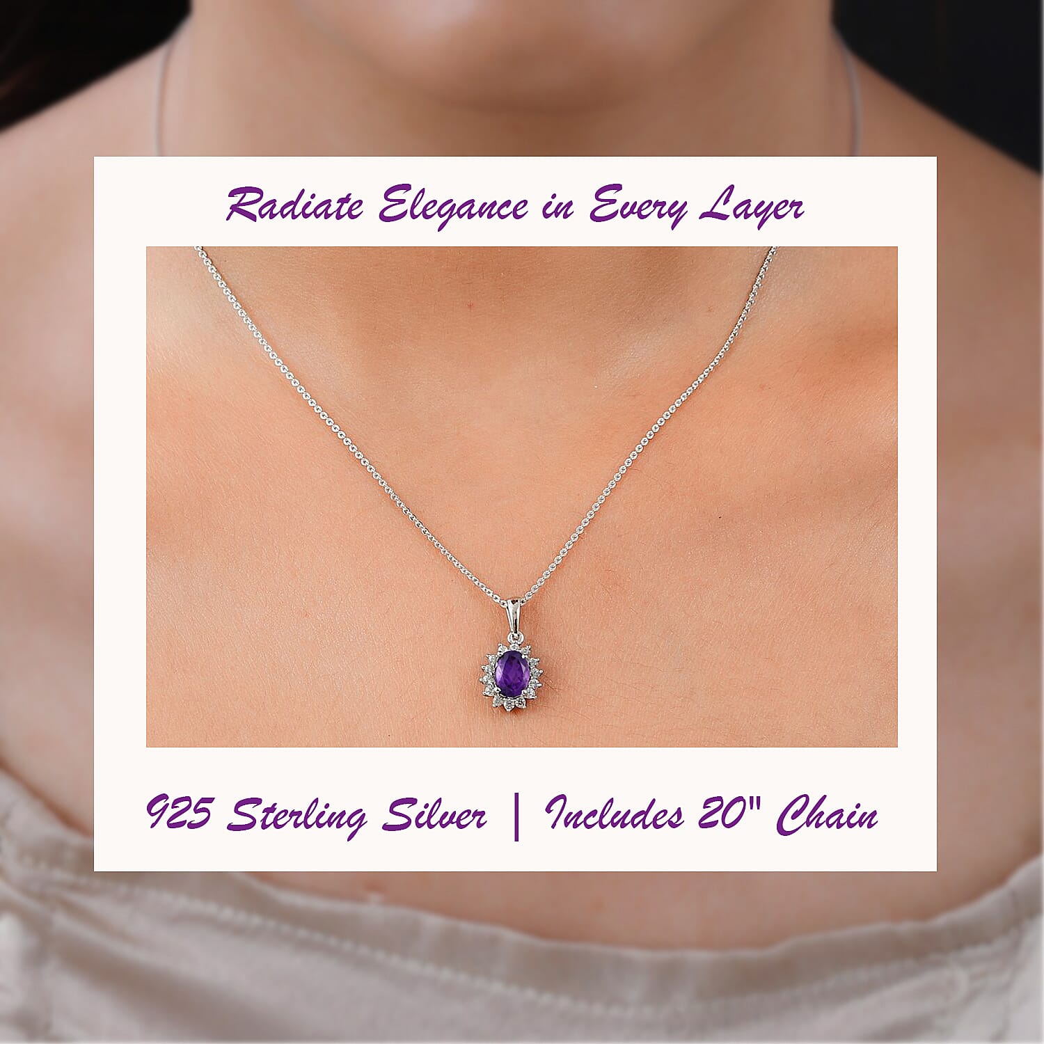 Amethyst and Natural Zircon Halo Pendant with Chain (Size 20) in Platinum Overlay Sterling Silver 1.00 Ct.