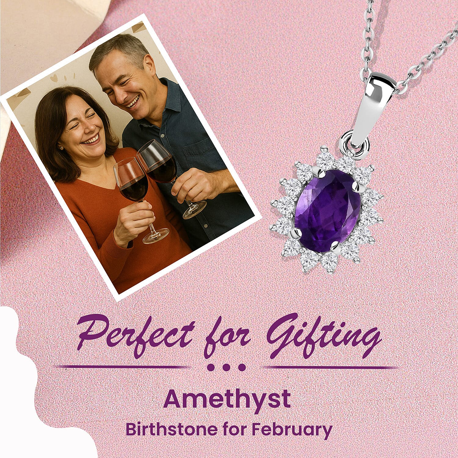 Amethyst and Natural Zircon Halo Pendant with Chain (Size 20) in Platinum Overlay Sterling Silver 1.00 Ct.