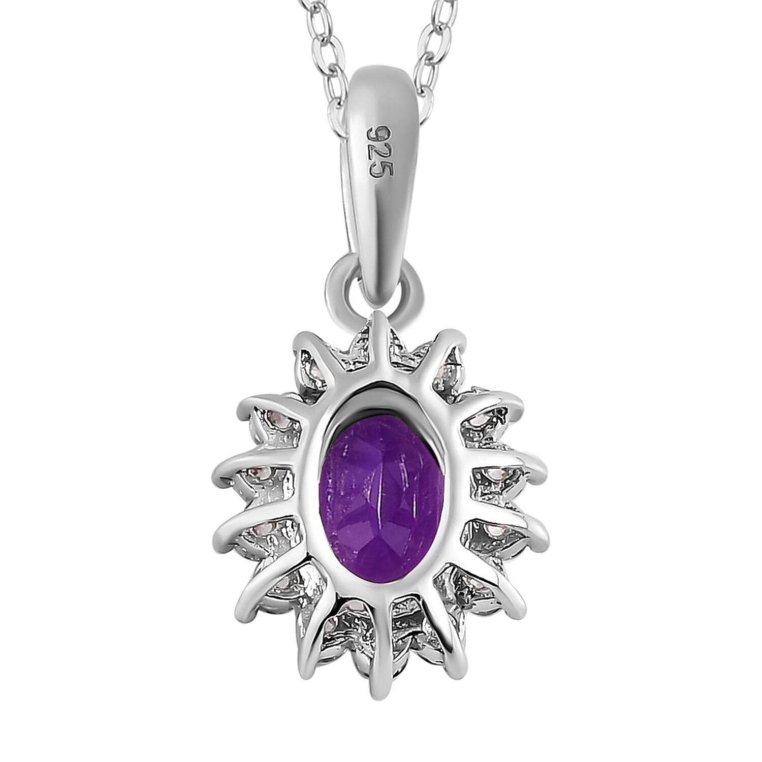 Amethyst and Natural Zircon Halo Pendant with Chain (Size 20) in Platinum Overlay Sterling Silver 1.00 Ct.