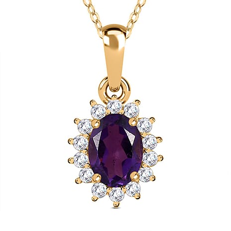 Amethyst and Natural Zircon Halo Pendant with Chain (Size-20) in 18K Vermeil Yellow Gold Plated Sterling Silver 1.10 Ct.