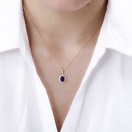 Amethyst and Natural Zircon Halo Pendant with Chain (Size-20) in 18K Vermeil Yellow Gold Plated Sterling Silver 1.10 Ct.