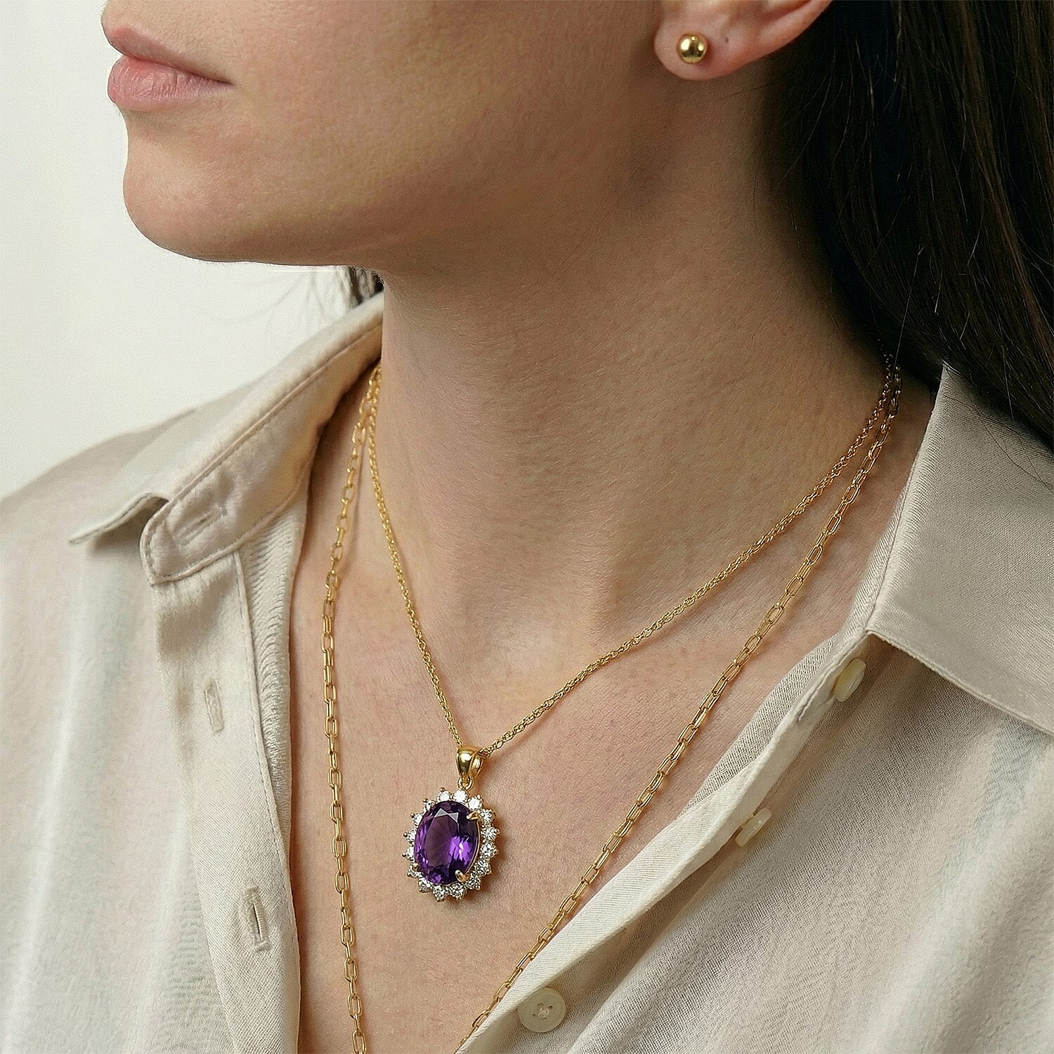 Amethyst and Natural Zircon Halo Pendant with Chain (Size-20) in 18K Vermeil Yellow Gold Plated Sterling Silver 1.10 Ct.