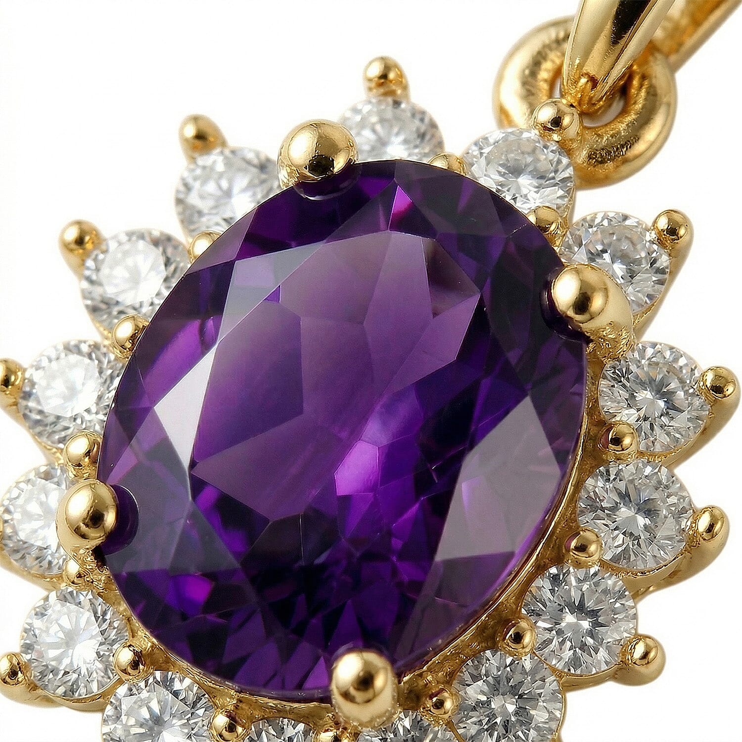 Amethyst and Natural Zircon Halo Pendant with Chain (Size-20) in 18K Vermeil Yellow Gold Plated Sterling Silver 1.10 Ct.