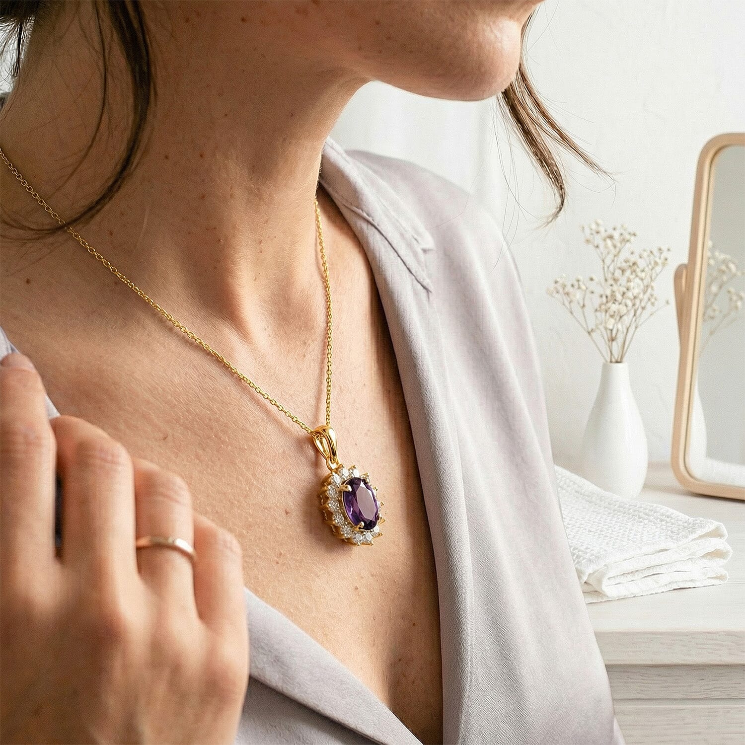 Amethyst and Natural Zircon Halo Pendant with Chain (Size-20) in 18K Vermeil Yellow Gold Plated Sterling Silver 1.10 Ct.