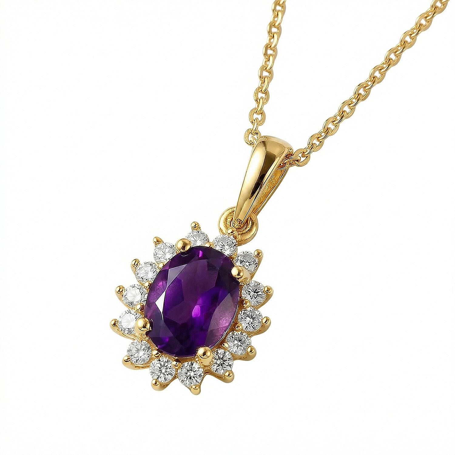 Amethyst and Natural Zircon Halo Pendant with Chain (Size-20) in 18K Vermeil Yellow Gold Plated Sterling Silver 1.10 Ct.