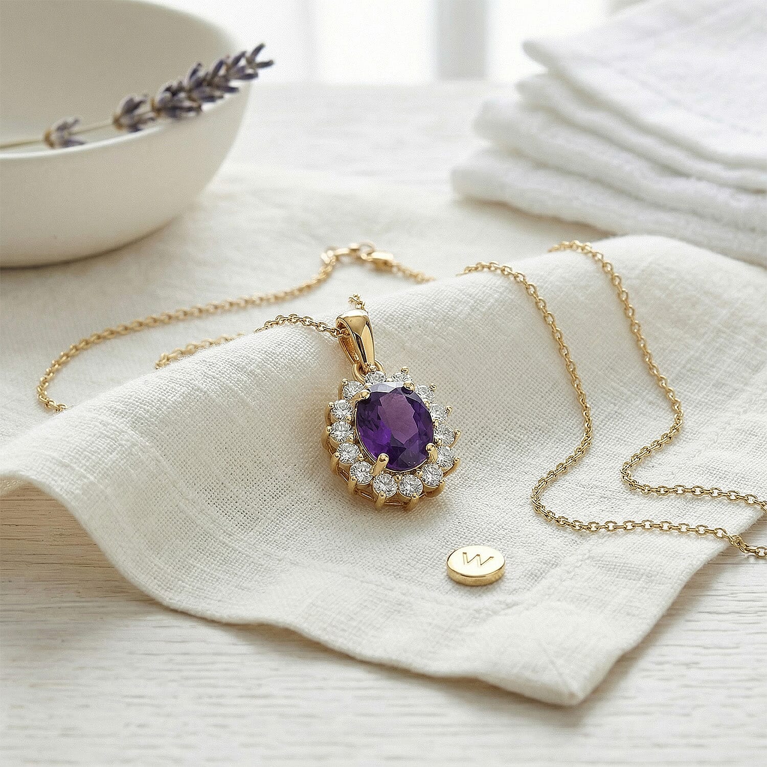 Amethyst and Natural Zircon Halo Pendant with Chain (Size-20) in 18K Vermeil Yellow Gold Plated Sterling Silver 1.10 Ct.