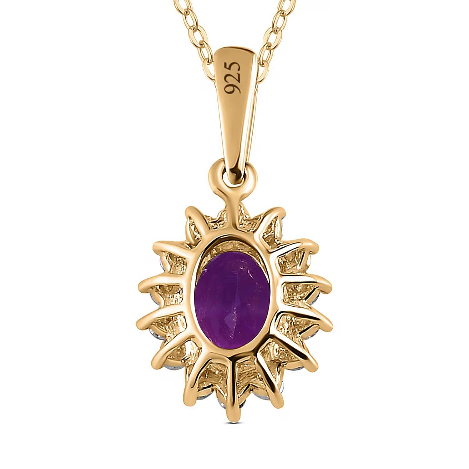 Amethyst and Natural Zircon Halo Pendant with Chain (Size-20) in 18K Vermeil Yellow Gold Plated Sterling Silver 1.10 Ct.