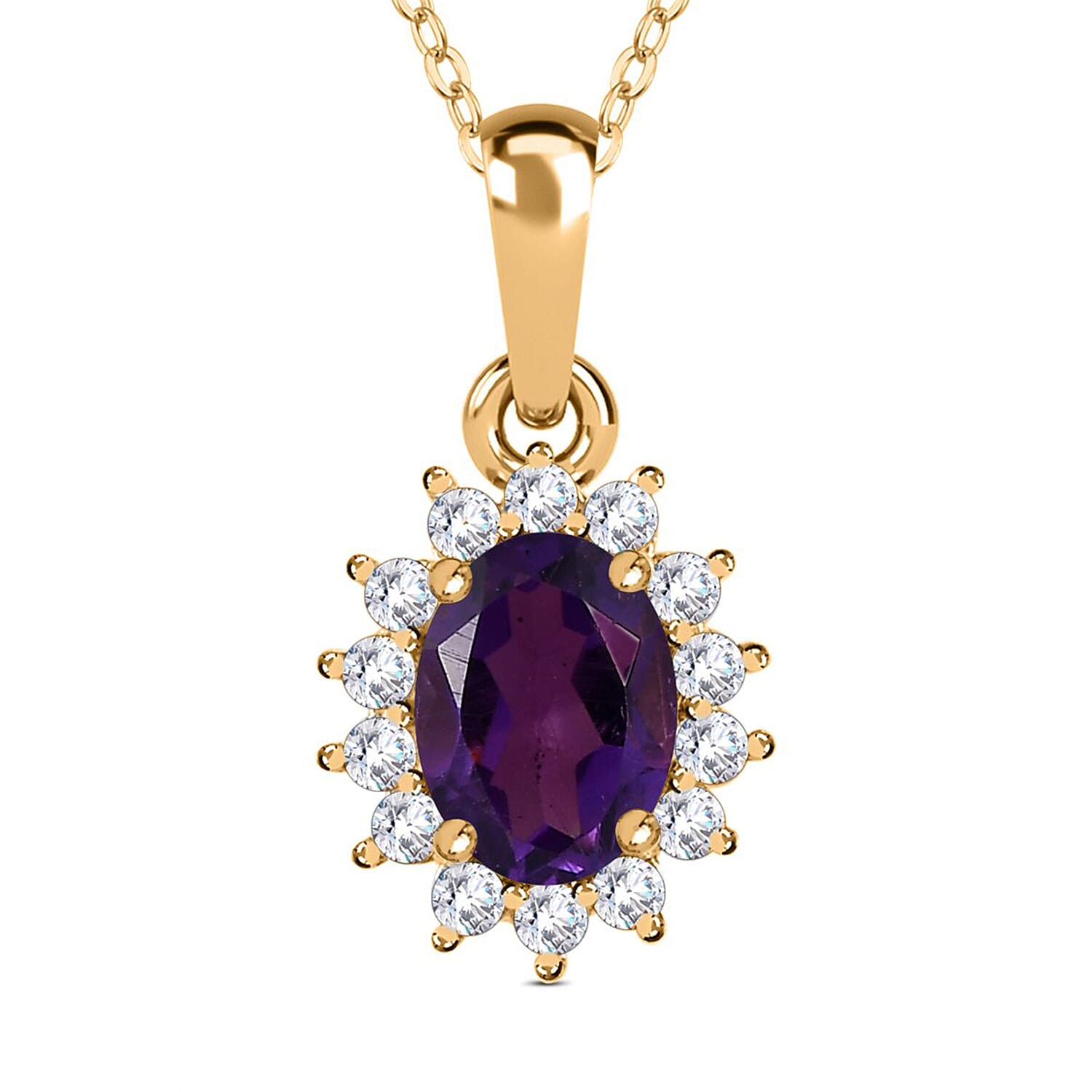 Amethyst and Natural Zircon Halo Pendant with Chain (Size-20) in 18K Vermeil Yellow Gold Plated Sterling Silver 1.10 Ct.