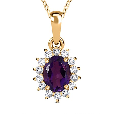 Amethyst February Birthstone and Natural Zircon Halo Pendant with Chain (Size-20) in 18K Vermeil Yellow Gold Plated Sterling Silver