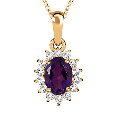 Amethyst and Natural Zircon Halo Pendant with Chain (Size-20) in 18K Vermeil Yellow Gold Plated Sterling Silver 1.10 Ct.