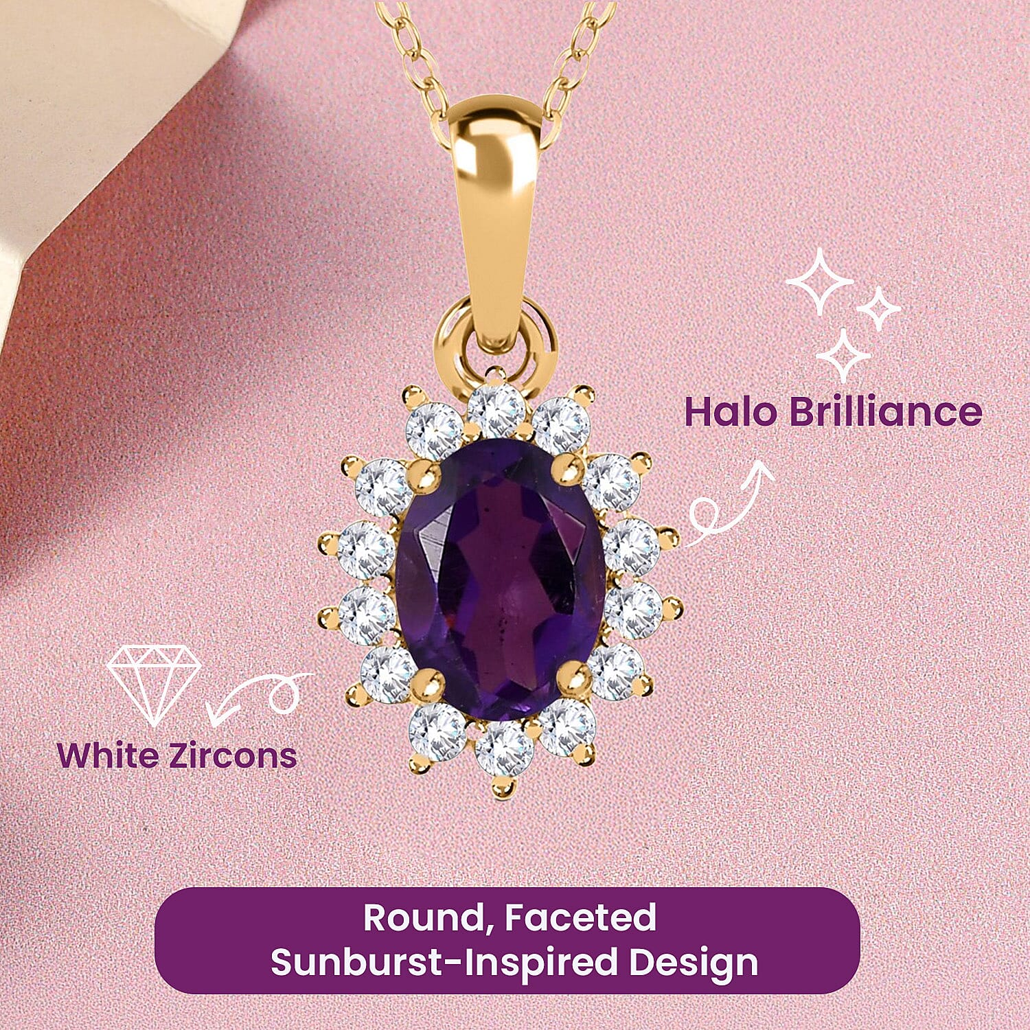 Amethyst and Natural Zircon Halo Pendant with Chain (Size-20) in 18K Vermeil Yellow Gold Plated Sterling Silver 1.10 Ct.