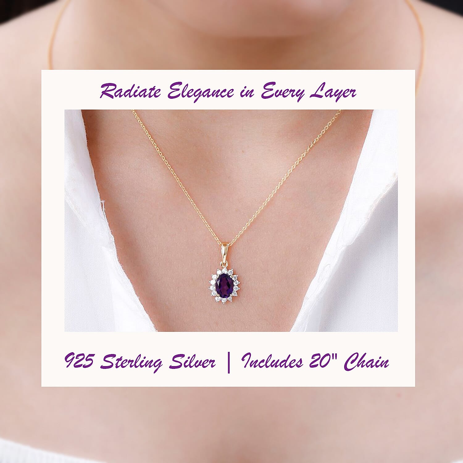 Amethyst and Natural Zircon Halo Pendant with Chain (Size-20) in 18K Vermeil Yellow Gold Plated Sterling Silver 1.10 Ct.