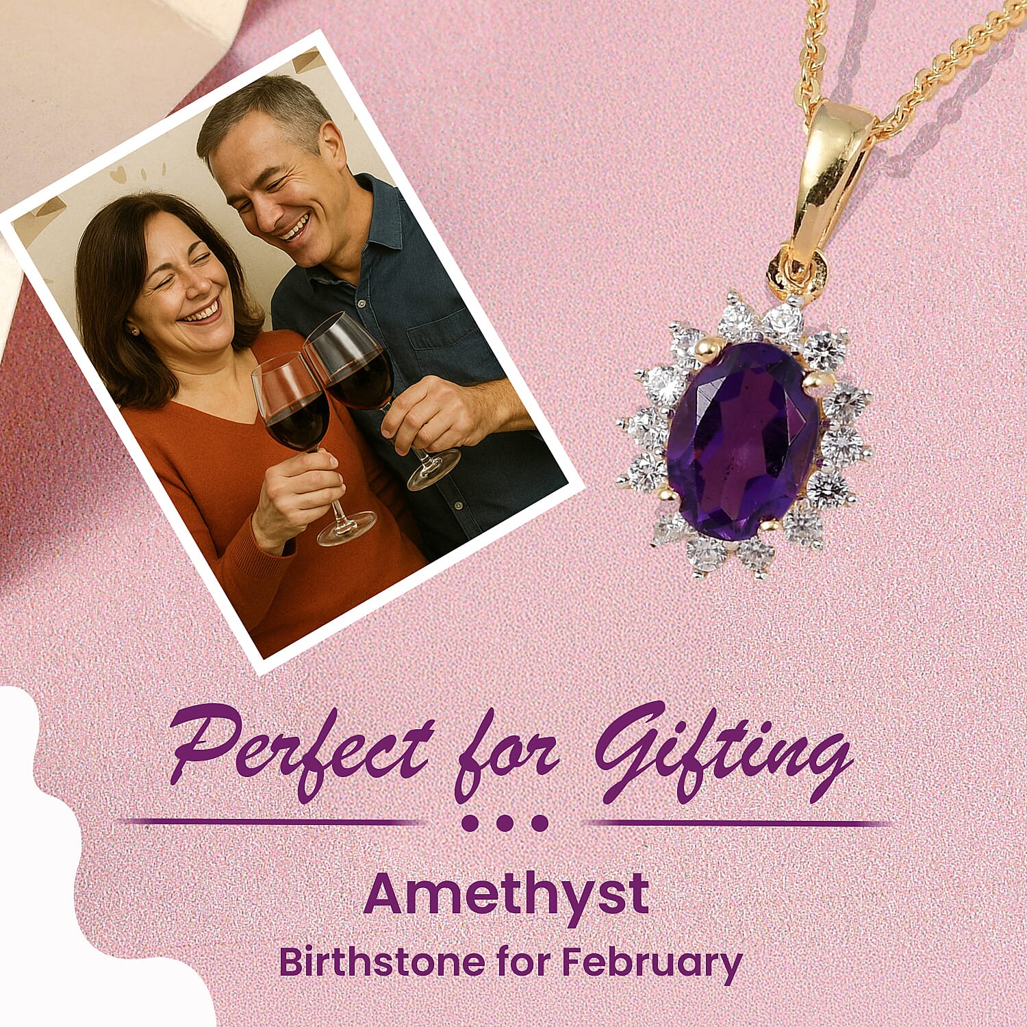 Amethyst and Natural Zircon Halo Pendant with Chain (Size-20) in 18K Vermeil Yellow Gold Plated Sterling Silver 1.10 Ct.