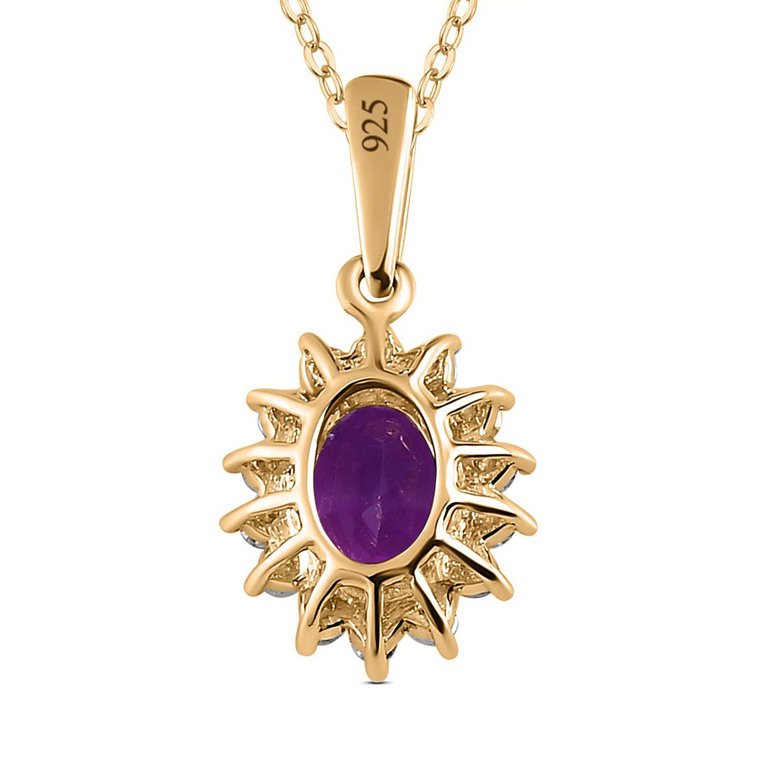 Amethyst and Natural Zircon Halo Pendant with Chain (Size-20) in 18K Vermeil Yellow Gold Plated Sterling Silver 1.10 Ct.