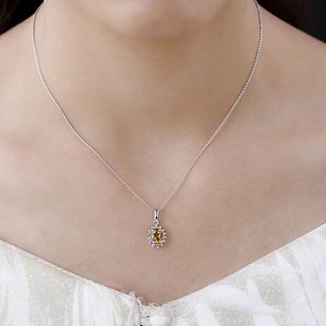 Citrine and Natural Zircon Pendant with Chain (Size 20) in Platinum Overlay Sterling Silver 1.00 Ct.