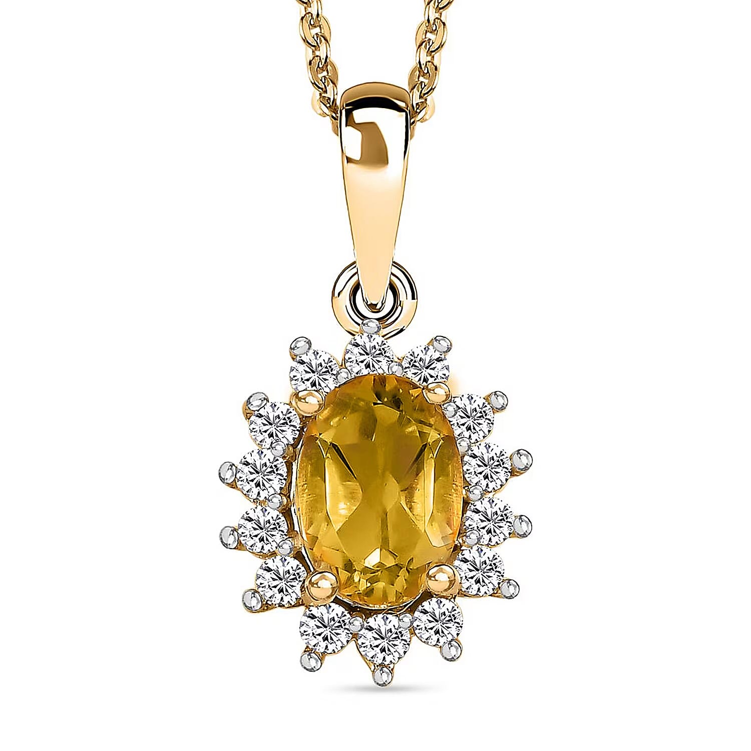 Citrine and Natural Zircon Halo Pendant with Chain (Size - 20) in 18K Vermeil Yellow Gold Plated Sterling Silver 1.17 Ct.