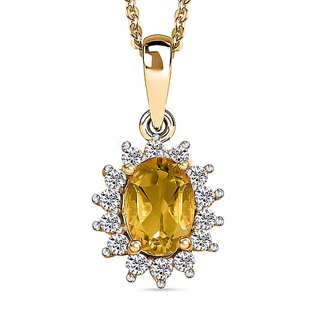 Citrine November Birthstone with White Zircon Halo Pendant with Chain (Size 20) in 18k Vermeil Yellow Gold Sterling Silver 1.170 Ct.