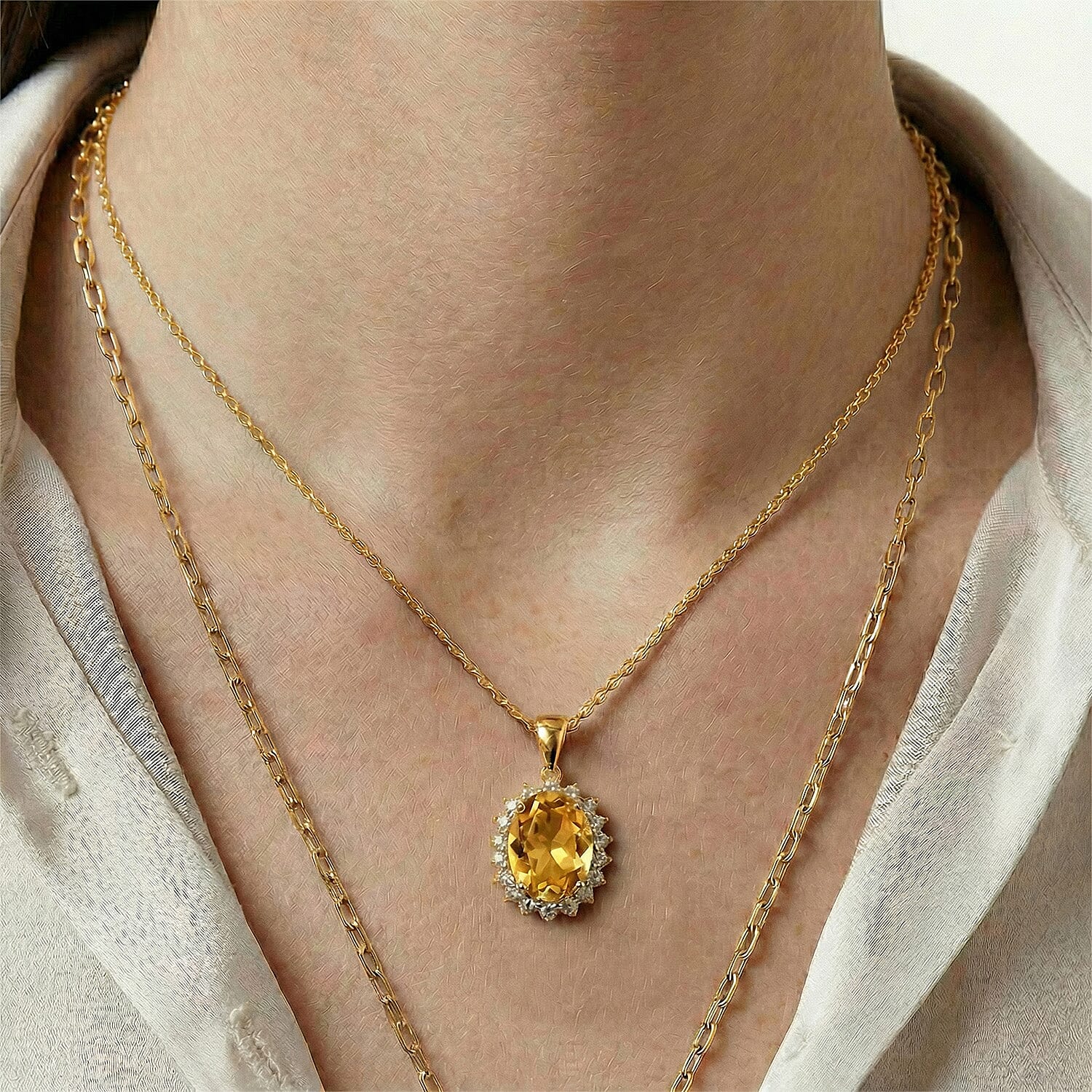 Citrine and Natural Zircon Halo Pendant with Chain (Size - 20) in 18K Vermeil Yellow Gold Plated Sterling Silver 1.17 Ct.