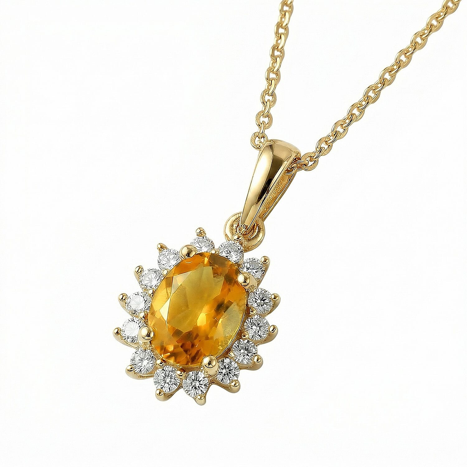 Citrine and Natural Zircon Halo Pendant with Chain (Size - 20) in 18K Vermeil Yellow Gold Plated Sterling Silver 1.17 Ct.