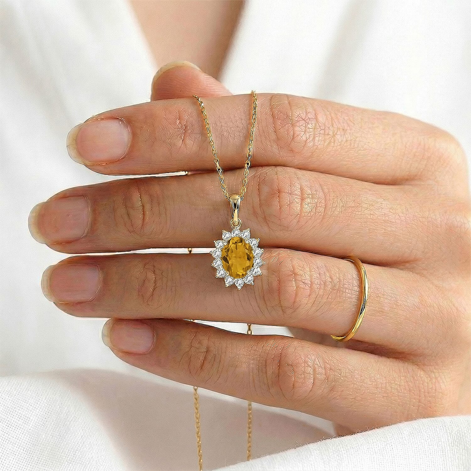 Citrine and Natural Zircon Halo Pendant with Chain (Size - 20) in 18K Vermeil Yellow Gold Plated Sterling Silver 1.17 Ct.