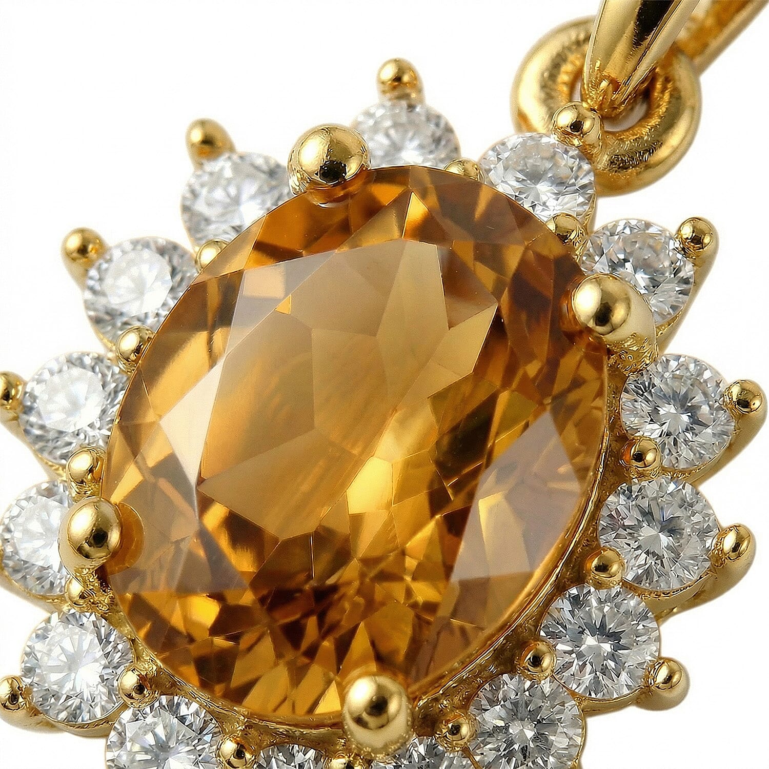 Citrine and Natural Zircon Halo Pendant with Chain (Size - 20) in 18K Vermeil Yellow Gold Plated Sterling Silver 1.17 Ct.