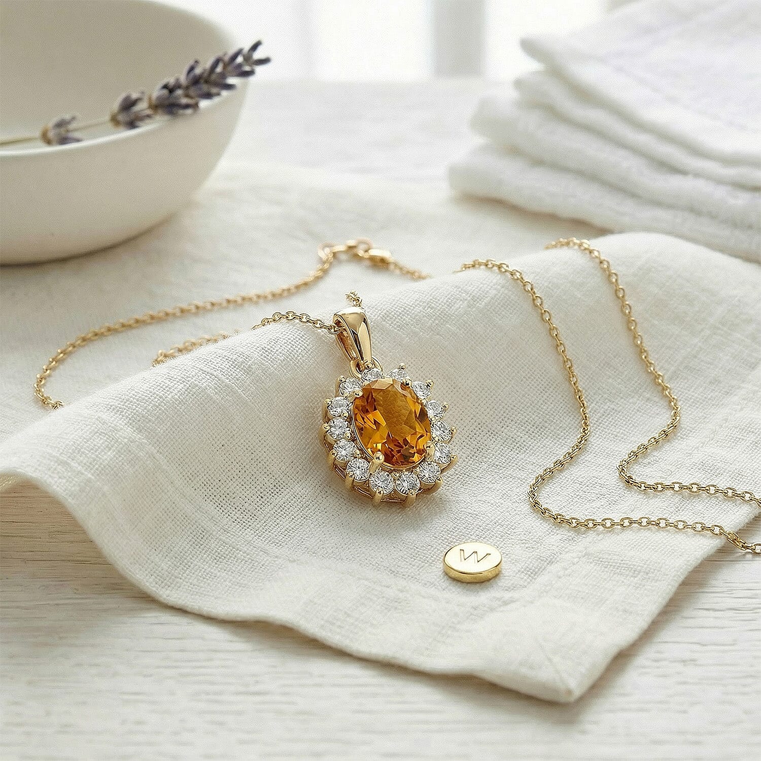 Citrine and Natural Zircon Halo Pendant with Chain (Size - 20) in 18K Vermeil Yellow Gold Plated Sterling Silver 1.17 Ct.